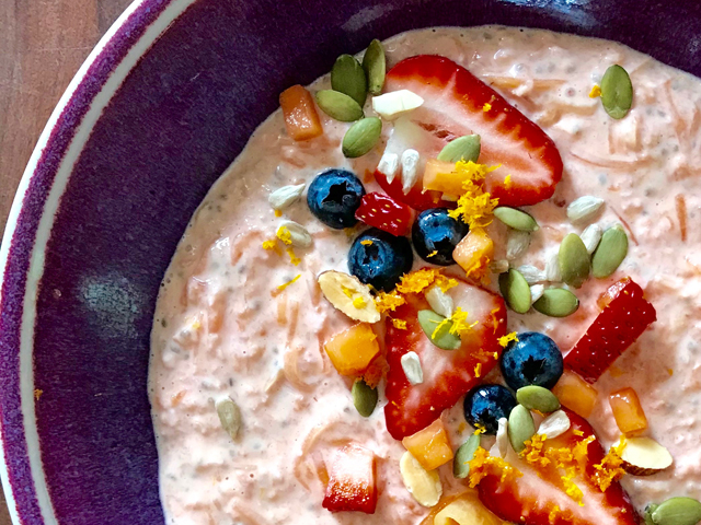 Ruby Rise Papaya Coconut Blood Orange Bircher Muesli with Chia