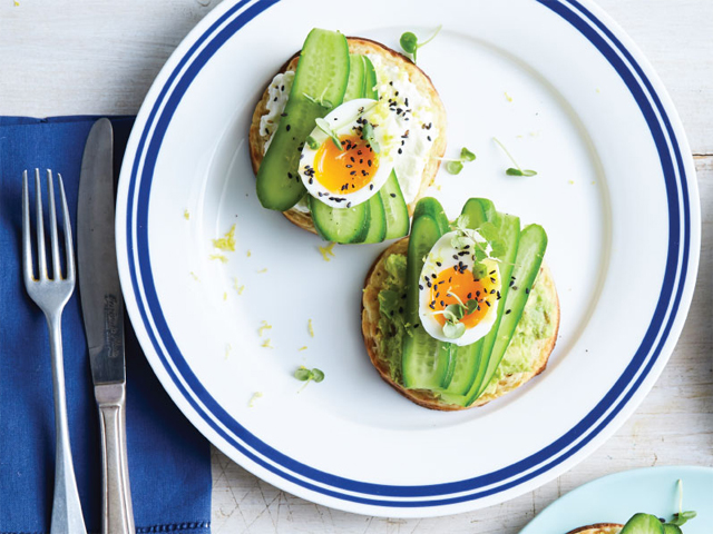 Smashed Jalapeno Avocado, Quke Crumpets with Soft Boiled Eggs