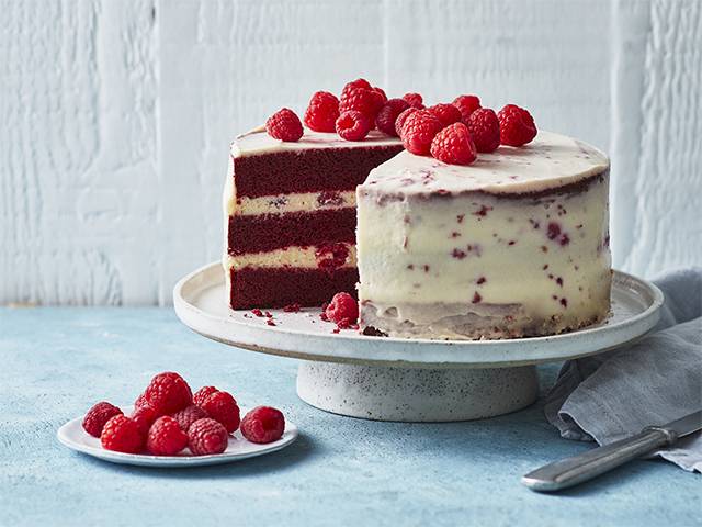 Red Velvet Layer Cake with Cheesecake Icing and Raspberries Recipe