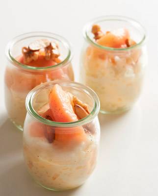 Spanish Olive Oil Rice Pudding with Poached Peaches