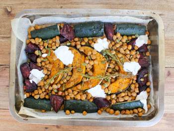Cinnamon Roasted Chickpeas and Vegetables with Yoghurt Dressing