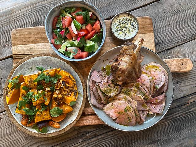 Roast Lamb Leg, butternut pumpkin with yoghurt dressing & watermelon salad