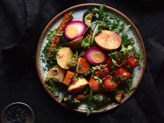 Pesto and Roasted Vegetable Tray Bake with Eggs