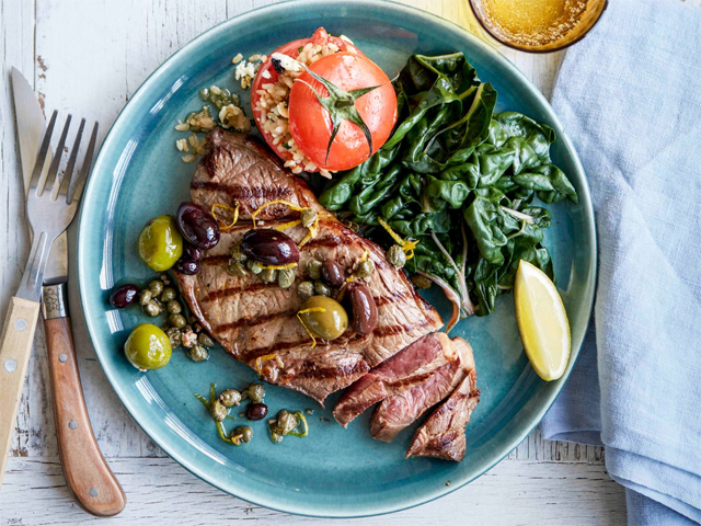 Char-Grilled Rump Steak with Mixed Olive Sauce