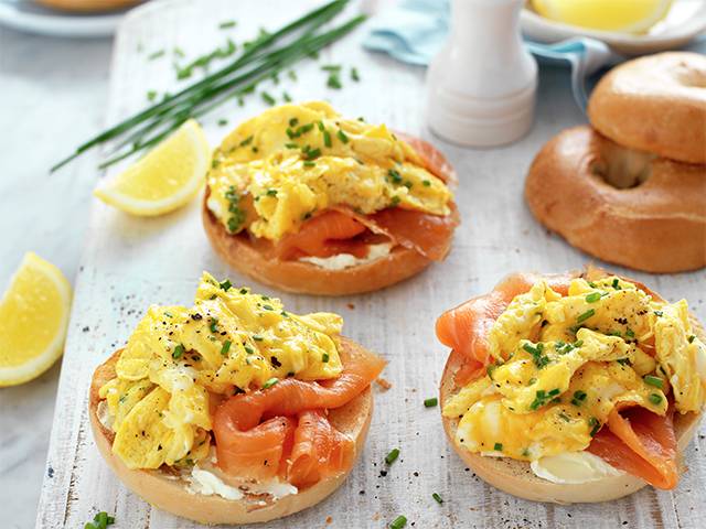 Scrambled Egg and Salmon Bagels