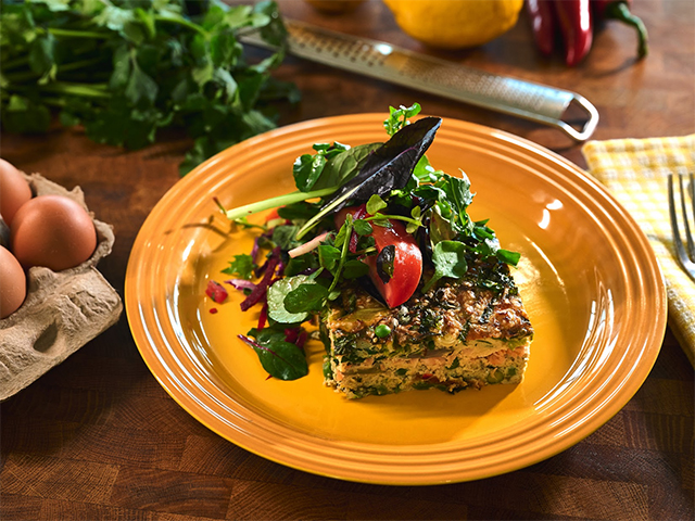 Smoked Salmon, Pea, Shallot, Coriander, Chilli and Sesame Frittata with Roasted Sweet Potatoes