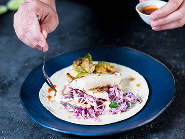 Hoki Fish with Chipotle Coleslaw and Harissa Guacamole