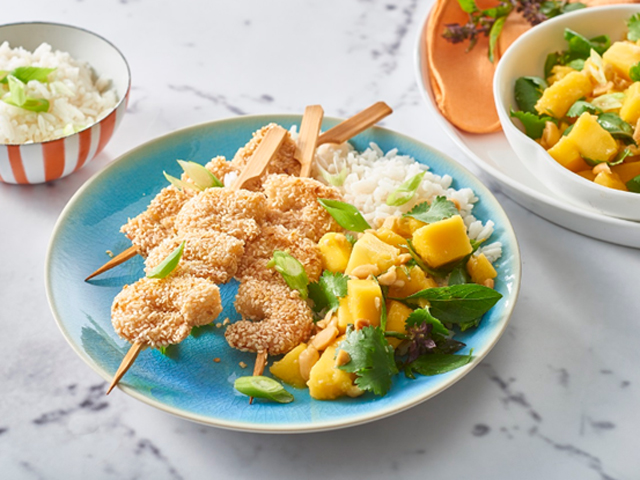 Sesame Prawn Skewers with Asian Mango Salad