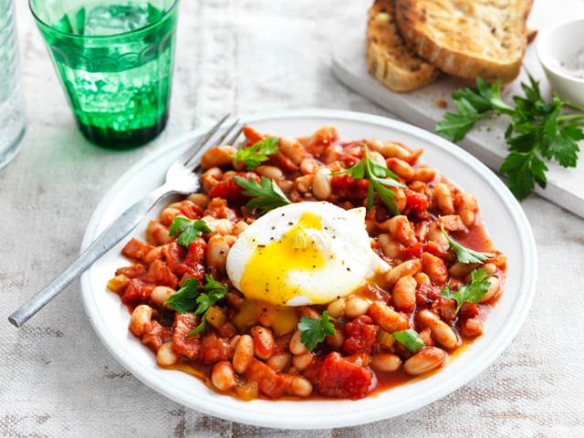 Smoky Baked Beans with Poached Eggs