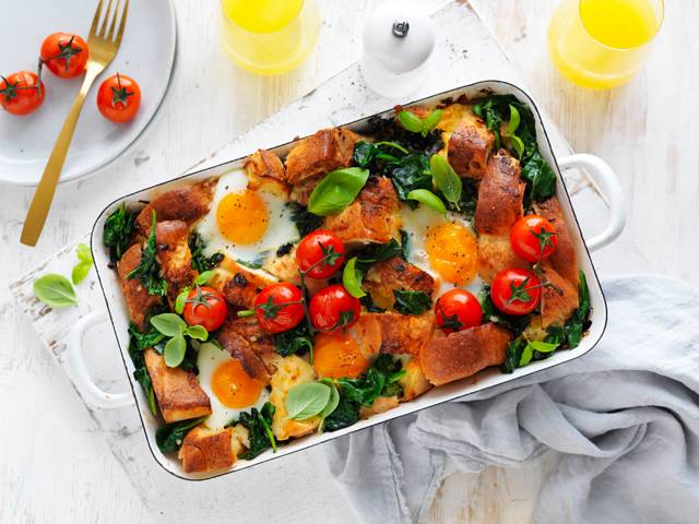 Cheesy Breakfast Strata With Roast Cherry Tomatoes