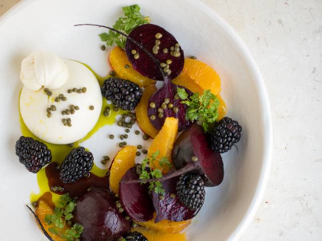 Burrata with Roasted Beetroot, Blackberry and Avocado Oil Dressing
