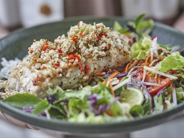 Thai-inspired macadamia crusted fish