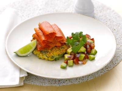 Corn Fritters with Smoked Tasmanian Atlantic  Salmon and Avocado Salsa