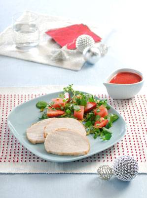 Turkey Roast with Watermelon, Strawberry and Pistachio Salad