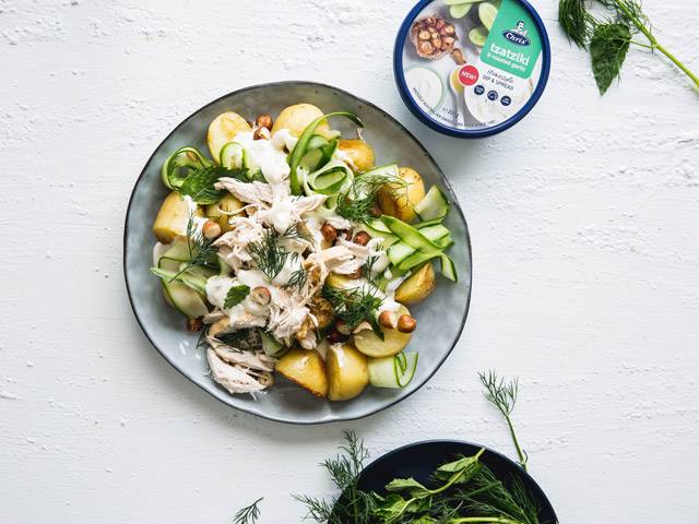 Tzatziki & Roasted Garlic Warm Cucumber & Potato Salad