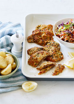 Lemon Parmesan Veal Schnitzel with Coleslaw