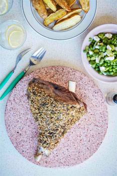 Dukkah Crusted Lamb Leg With Crispy Lemon Potatoes