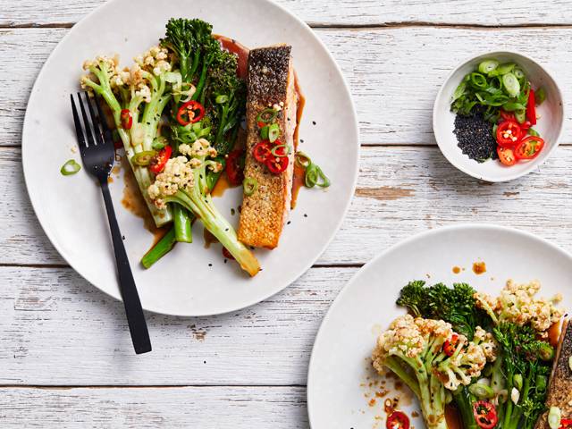 Wok-Fried Broccolini and Fioretto with Seared Salmon