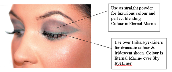 Use as straight powder for luxurious colour and perfect blending. Colour is Eternal Marine. Inika Eye-Liners for dramatic colour & iridescent sheen. Colour is Eternal Marine over Sky EyeLiner